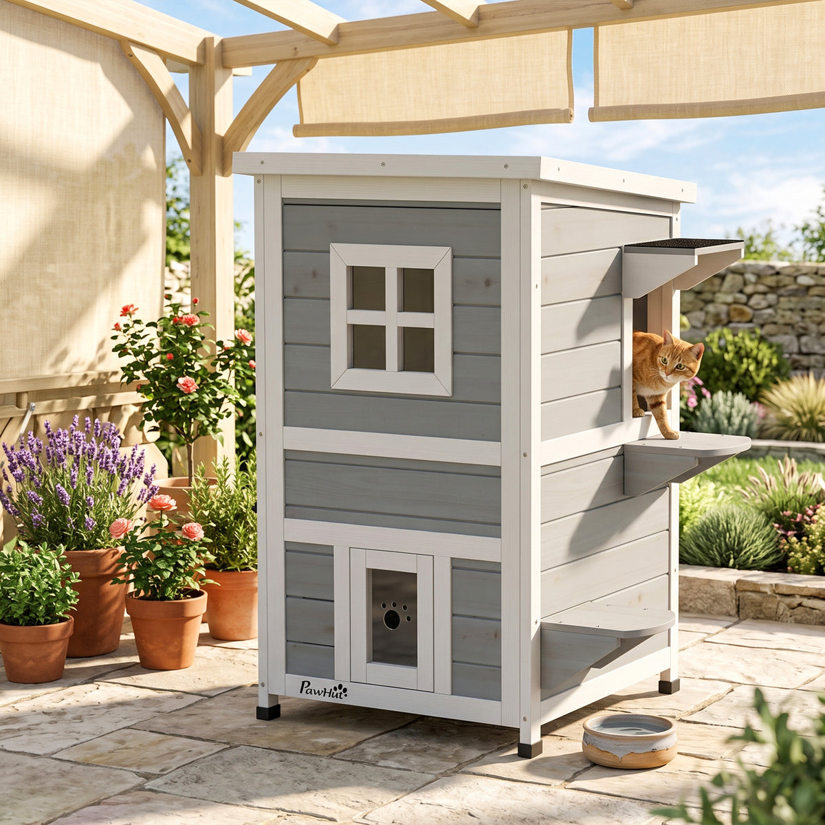 2-Floor Wooden Outdoor Cat House | Fir Wood | Water-Resistant Paint | Elevated Base | Jump Platforms | 3 Doors & Windows | Openable Roof | Litter Tray Space | Max 5kg Per Cat | 51x51x81.3cm | Grey