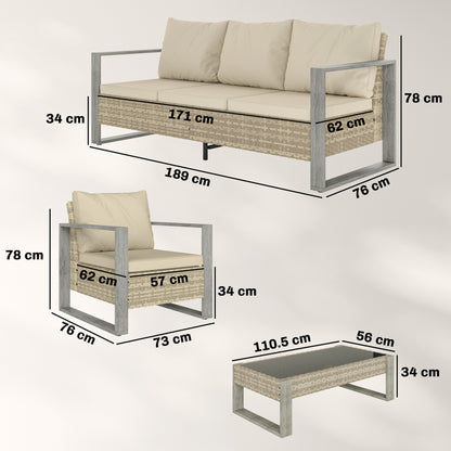 4-Piece PE Rattan Garden Sofa Set | 3-Seater Sofa | 2 Armchairs | Tempered Glass Coffee Table | Wood-Effect Aluminium Frame | 8cm Seat & 20cm Back Cushions | Non-Slip Mats | Washable Covers | Khaki