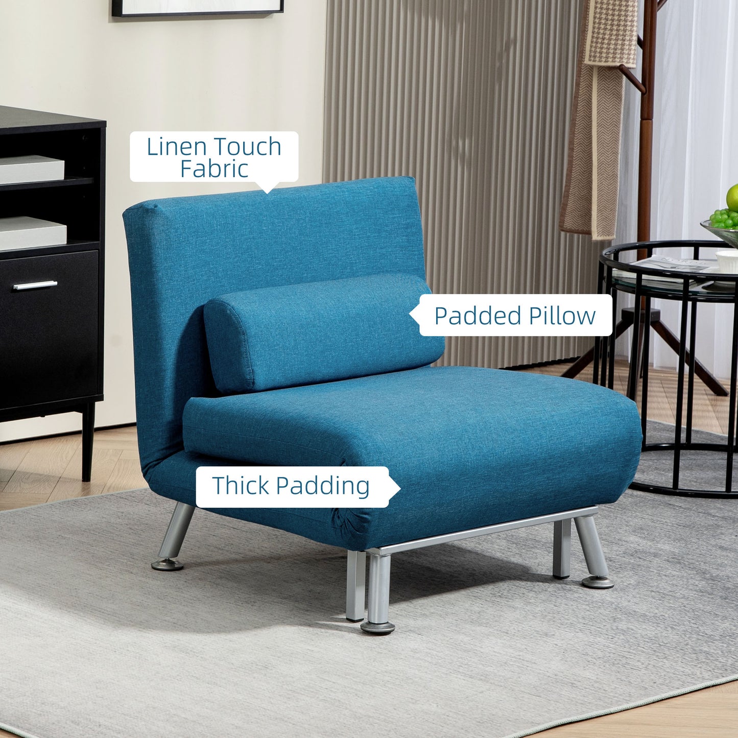 Single Linen-Look Sleeper Sofa Bed Chair - Blue