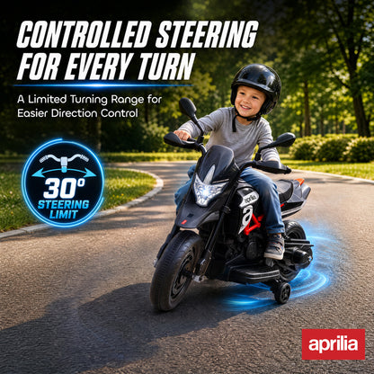 AIYAPLAY Licensed Aprilia 6V Kids Electric Motorbike | Removable Training Wheels | Headlight, Music & Horn | Forward & Reverse | Black | 18 Months–4 Years