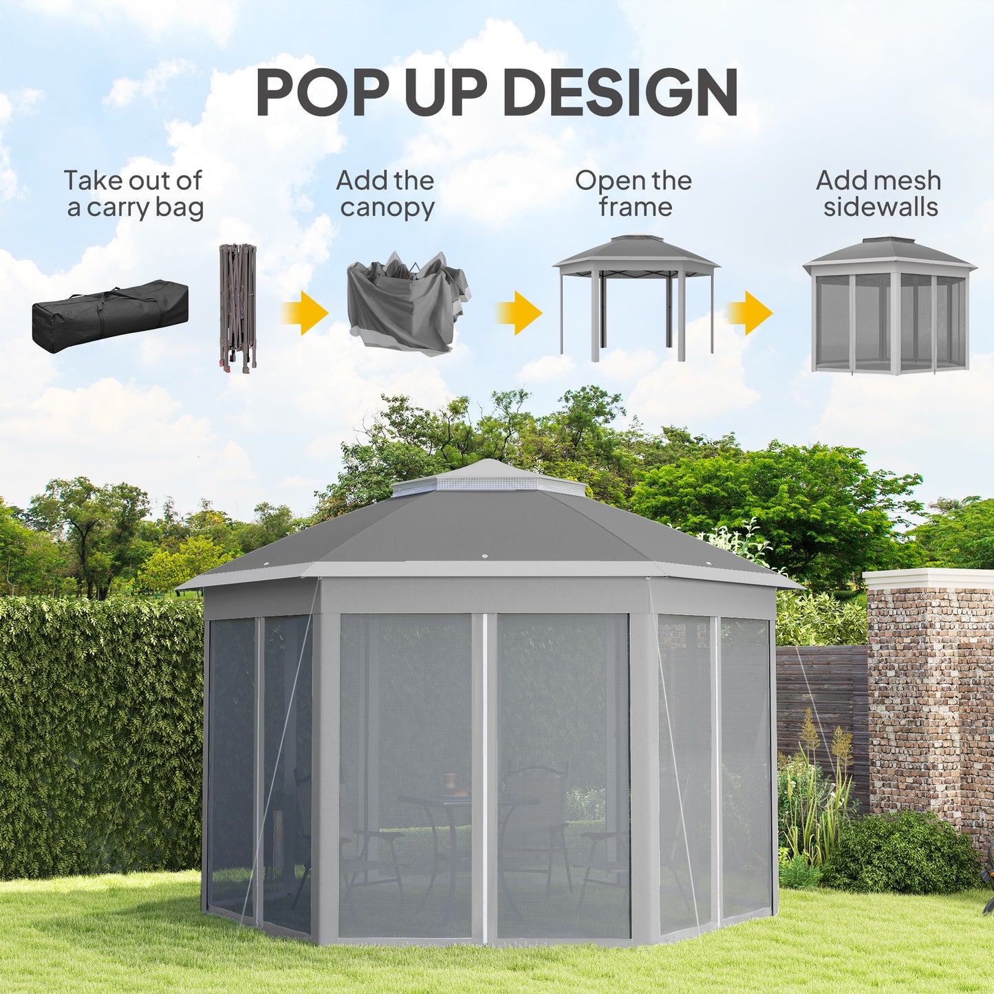 3 x 4m Garden Gazebo Hexagon Pop Up Party Tent Canopy Double Roof Instant Shelter with Netting and Carry Bag for Outdoor Patio, Dark Grey