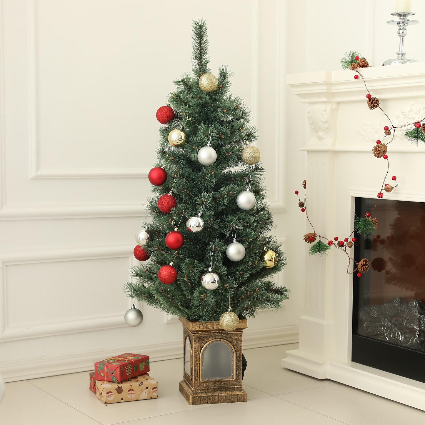 4ft Artificial Christmas Tree With 80 Warm White LED Lights, 8 Modes and Remote, Realistic Tree With Square Stand for Party Decoration, Green