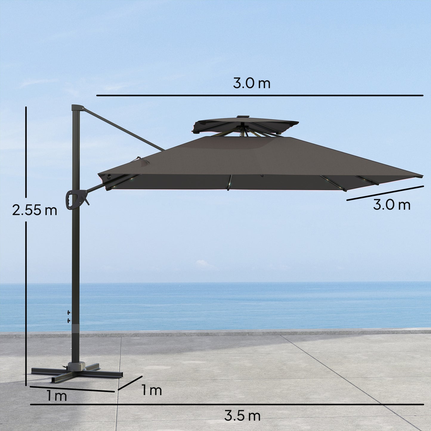 Outsunny 3.5x3 m Garden Cantilever Parasol with Solar LED Lights and Centre Light, Aluminium Large Square Patio Umbrella, UPF50+ Hanging Sun Shade with Cross Base