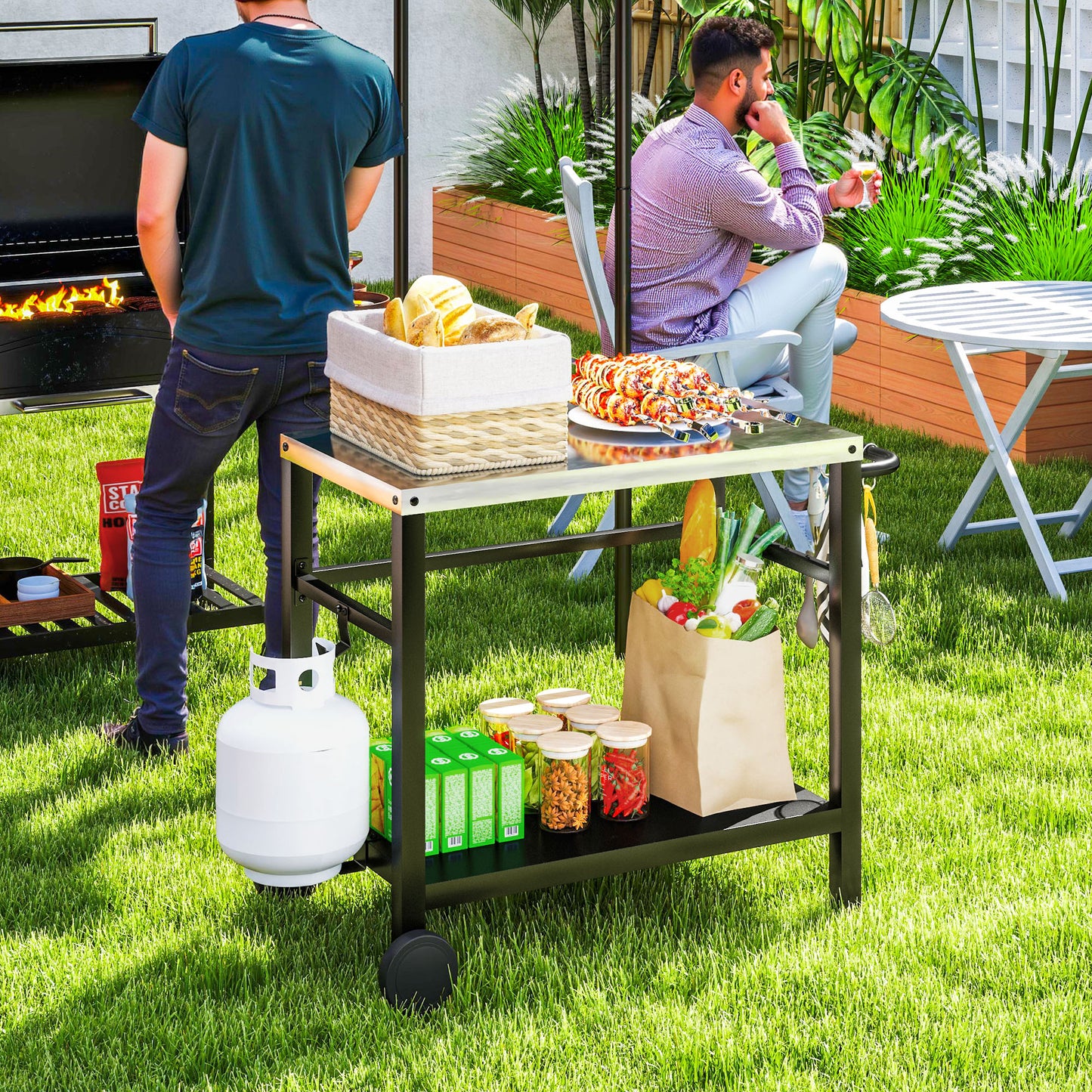 Outsunny Outdoor Grill Dining Cart 2-Shelf Movable Pizza Oven Table Stand with Stainless Steel Top, Portable BBQ Trolley Food Prep Outdoor Kitchen BBQ Station