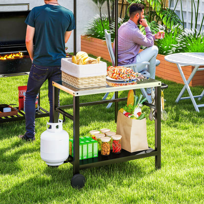 Outsunny Outdoor Grill Dining Cart 2-Shelf Movable Pizza Oven Table Stand with Stainless Steel Top, Portable BBQ Trolley Food Prep Outdoor Kitchen BBQ Station