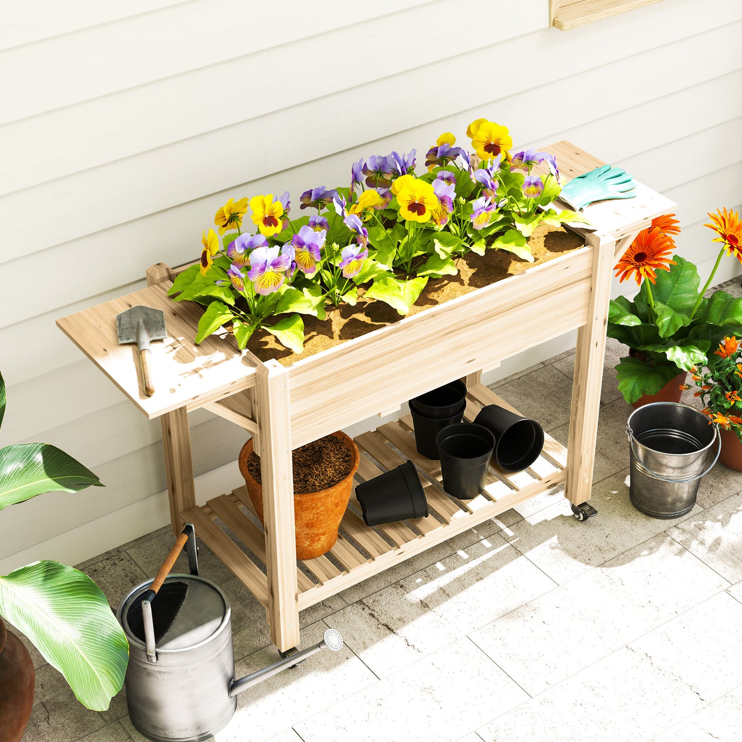 Outsunny Raised Garden Bed, Wooden Elevated Planter Box with Lockable Wheels, Side Tables and Bottom Shelf, Outdoor Planter with Liner and Drainage Holes for Vegetables, Flowers, Fruits