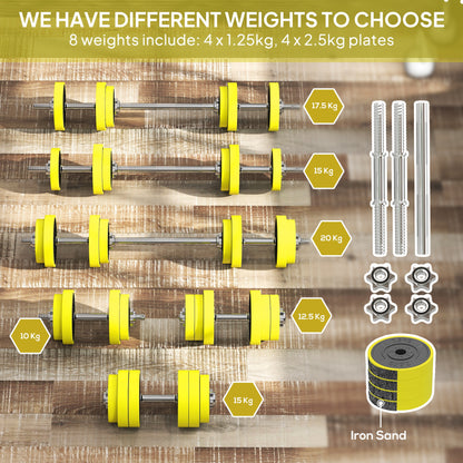 20KGS 2-In-1 Dumbbell & Barbell Adjustable Set Strength Muscle Exercise Fitness Plate Bar Clamp Rod Home Gym Sports Area, Yellow