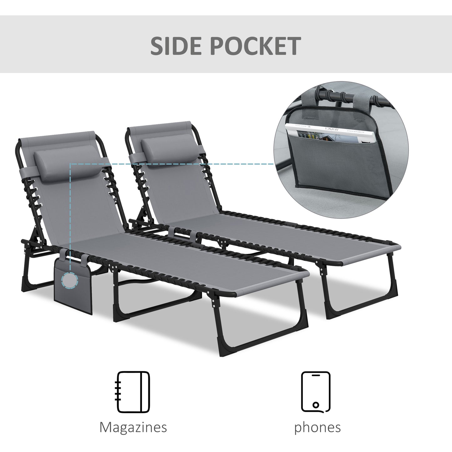 Portable Sun Lounger Set of 2, Folding Camping Bed Cot, Reclining Lounge Chair 5-position Adjustable Backrest with Side Pocket, Pillow - Grey