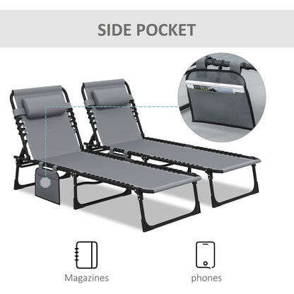 Portable Sun Lounger Set of 2, Folding Camping Bed Cot, Reclining Lounge Chair 5-position Adjustable Backrest with Side Pocket, Pillow - Grey