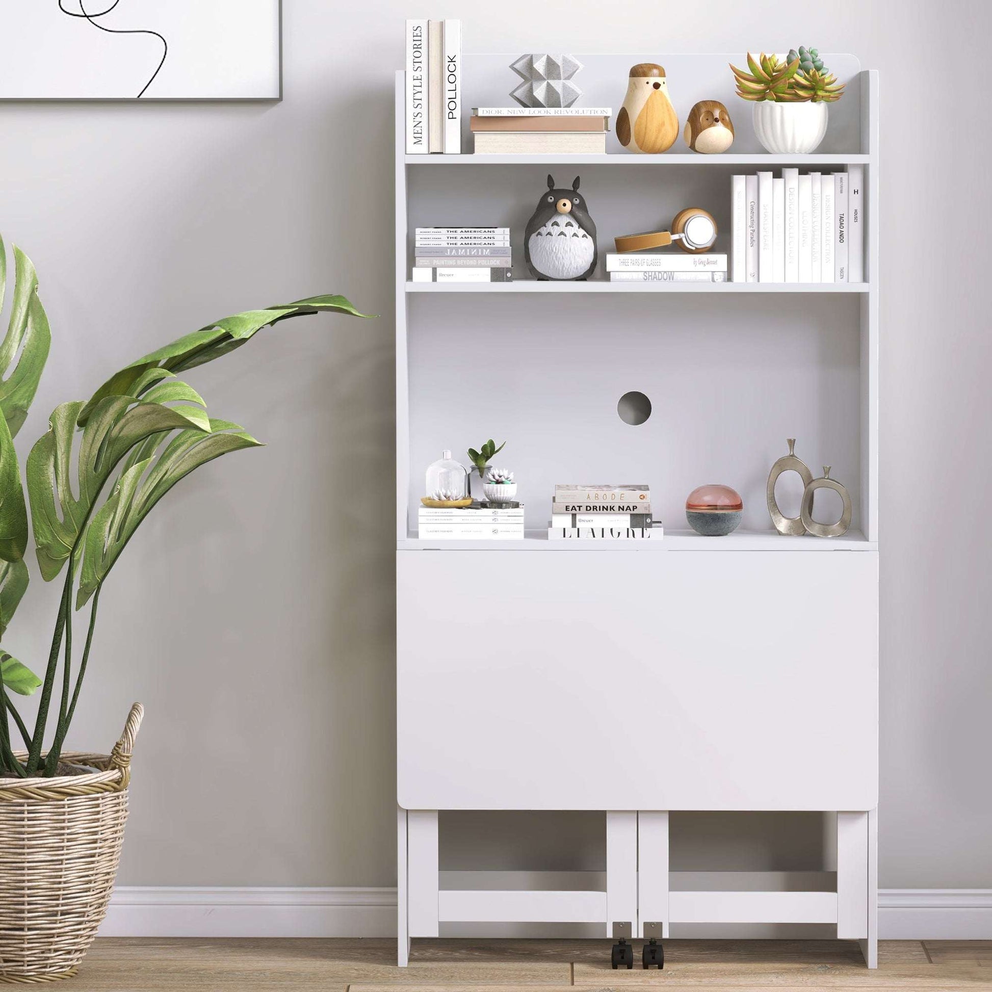 Foldable Desktop, Computer Desk with Storage Shelves, 80 x 69 x 155 cm, White