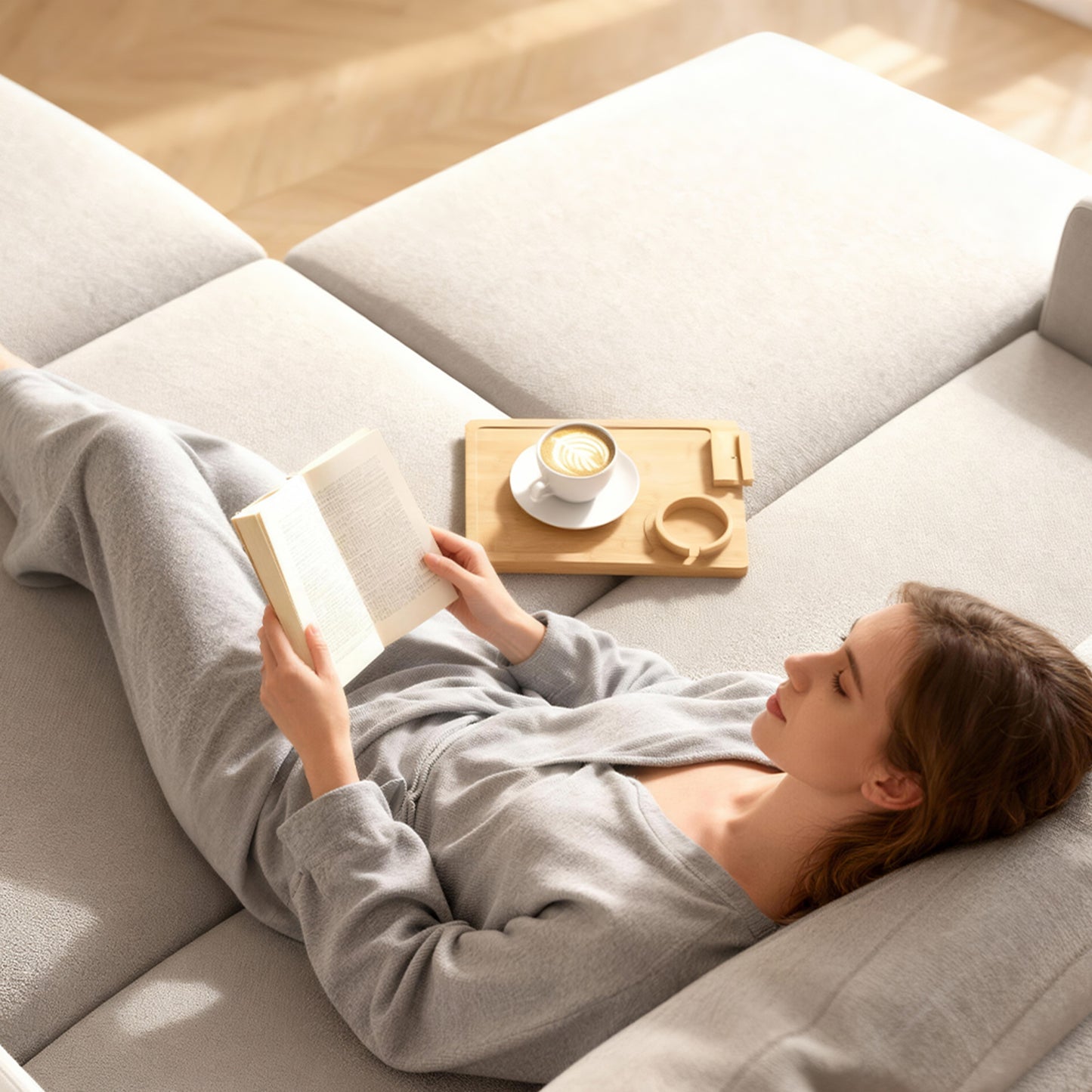 Bamboo Sofa Armrest Tray | 360° Phone & Tablet Holder | Removable Cup Holder | Anti-Slip | No Assembly | Natural