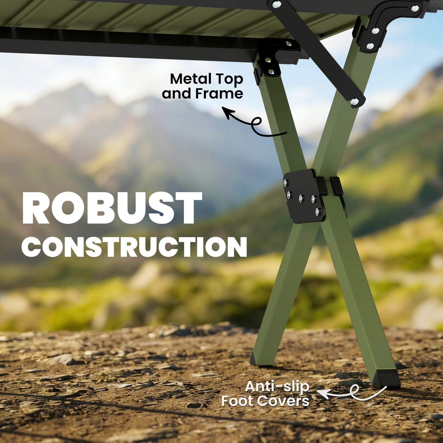 4ft Folding Camping Picnic Table | Roll Up Top | 116x59x43cm | Waterproof | All Metal Frame | 30kg | Green