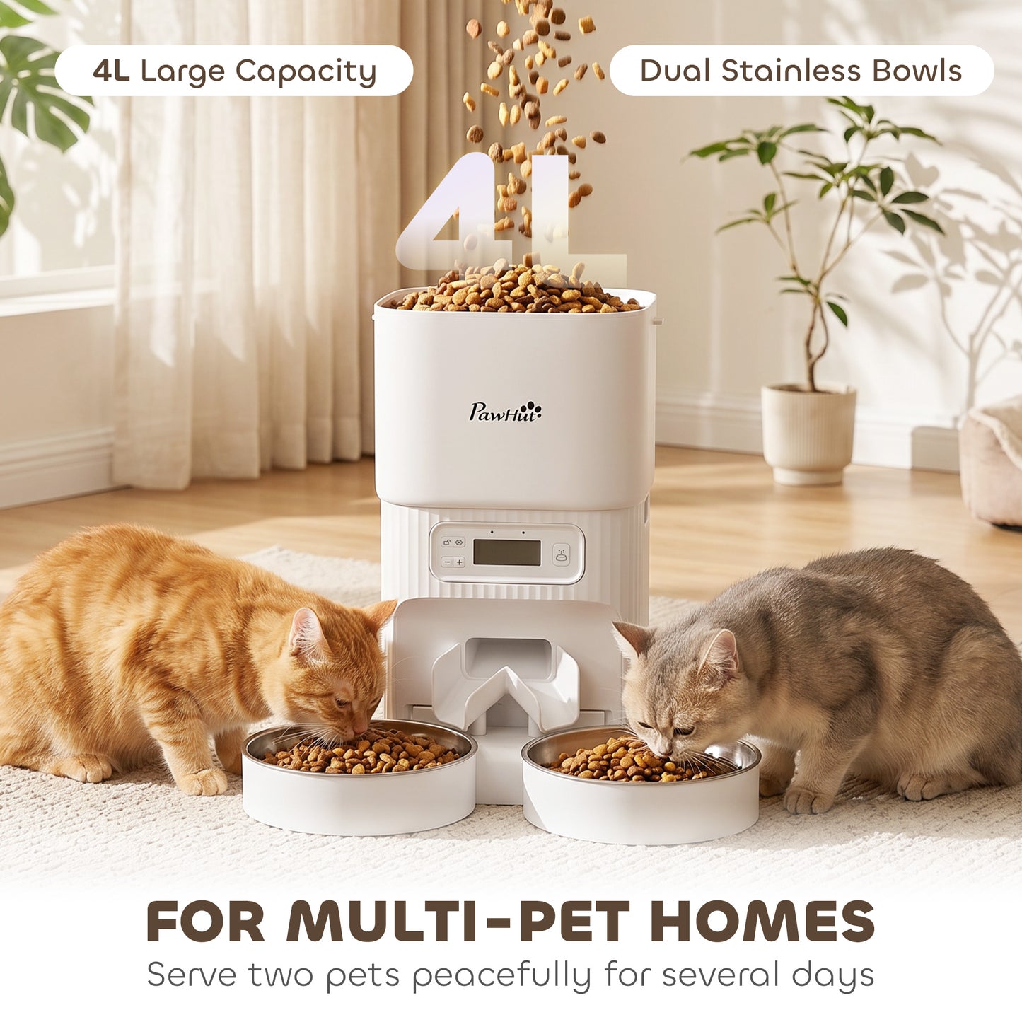 Automatic Pet Feeder | Dual Bowl | LCD Screen & Button Control | Anti-Jam | Airtight Lid | 4L / 16 Cup Tank | Dual Power | Cats & Dogs up to 15kg | White