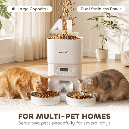 Automatic Pet Feeder | Dual Bowl | LCD Screen & Button Control | Anti-Jam | Airtight Lid | 4L / 16 Cup Tank | Dual Power | Cats & Dogs up to 15kg | White