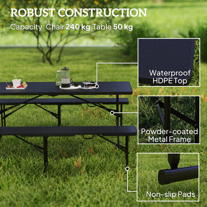 Folding Picnic Table and Bench Set, Rattan Effect Portable Camping Table and Chairs for Indoor Outdoor, Dining, Camping, Picnic, BBQ, Party