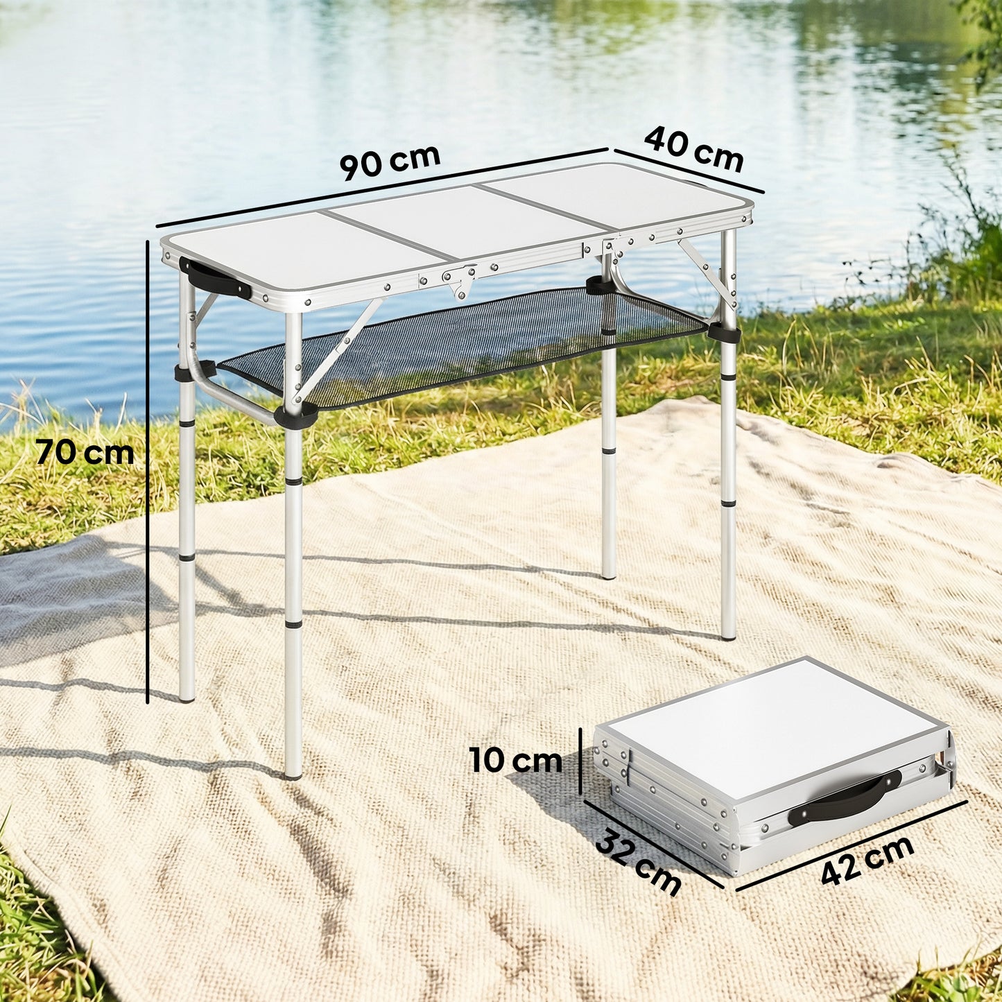 3ft Folding Camping Picnic Table | Tri-Fold | 90x40cm | Water Repellent MDF Top | Mesh Storage Layer | Carry Bag | 35kg | Cream White