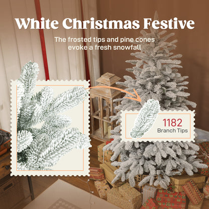 6 ft Artificial Flocked Christmas Tree with 1182 Branches, Hinged Xmas Tree with Foldable Metal Stand, Easy Assembly for Home Office Decor