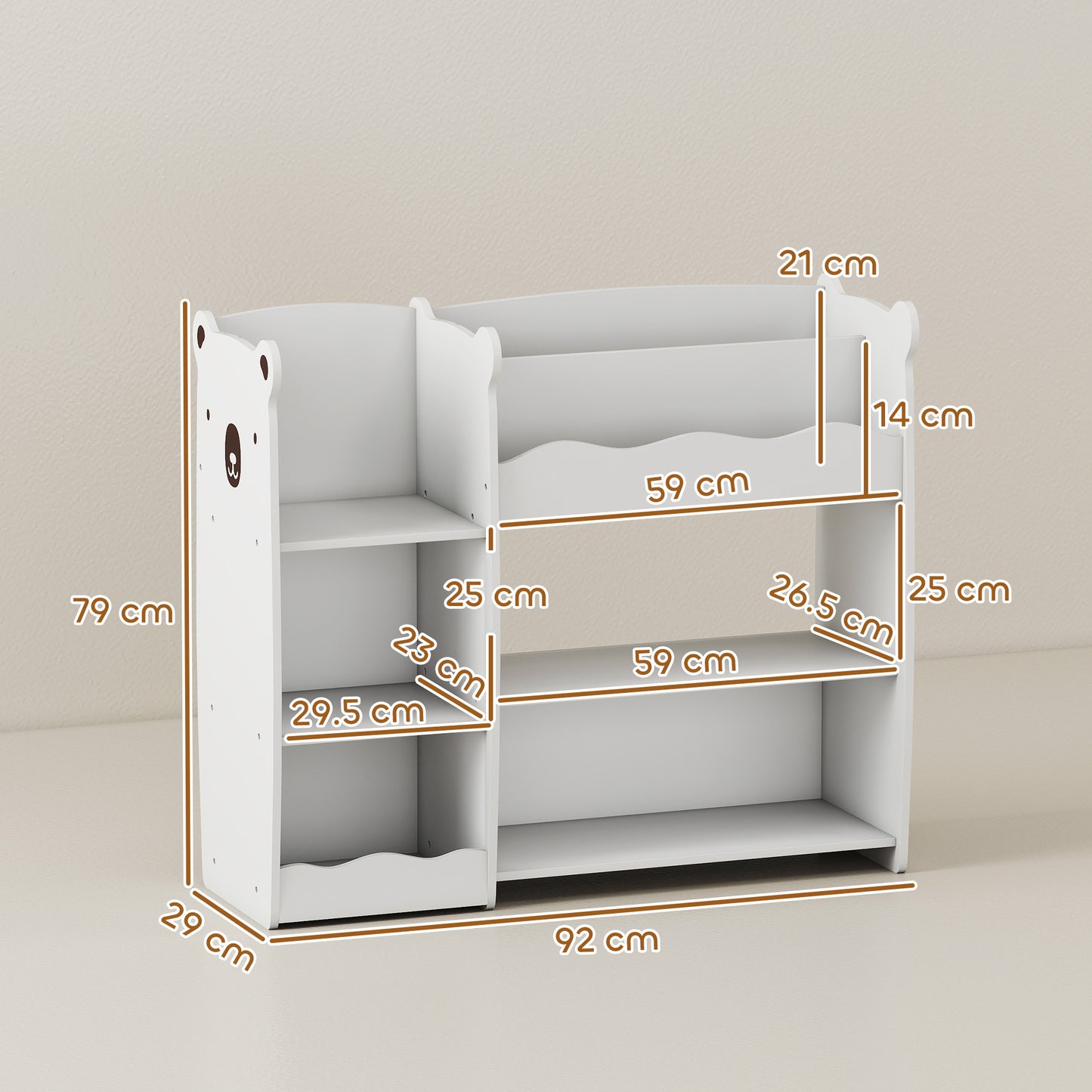 Kids Toy Storage Unit & Bookshelf – Bear Design, Sectioned Shelves, 79cm Child-Height, MDF, For Bedroom, Nursery & Playroom – White