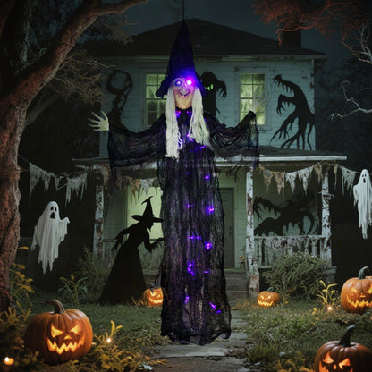 183 cm Life Size Halloween Animated Hanging Witch with Glowing LED Eyes & Body, Spooky Witch Scary Halloween Decorations, Battery Operated, Indoor Party Props