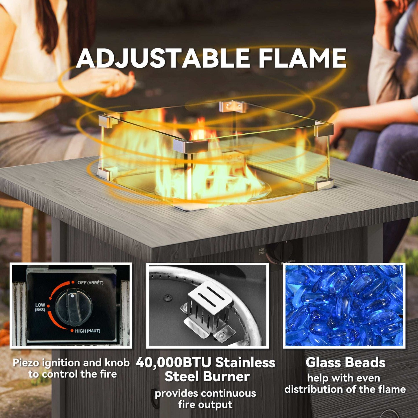 Outsunny 71cm 50,000 BTU Gas Fire Pit Table with Cover and Glass Screen - Dark Grey