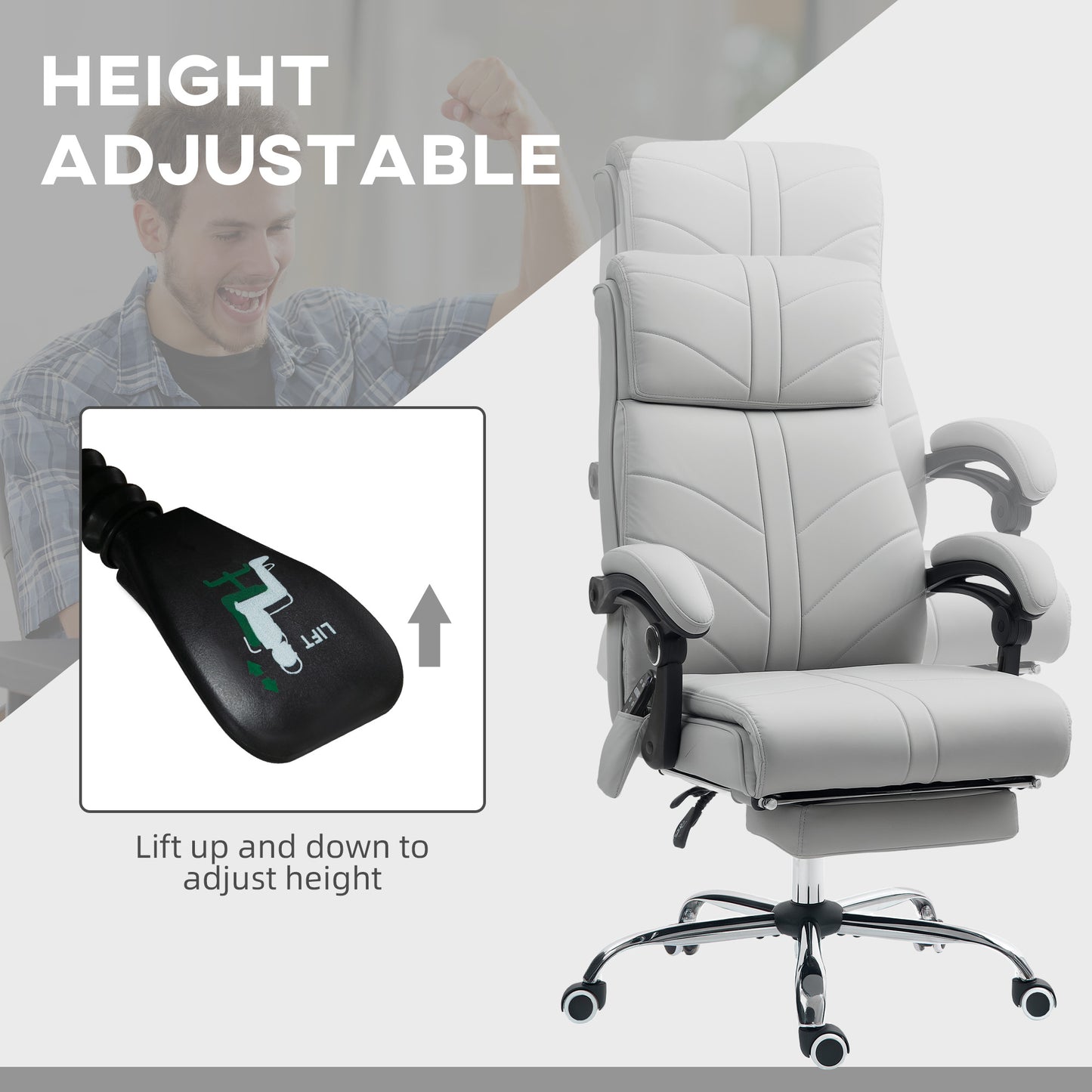Faux Leather Massage Office Chair | 4 Point Vibration | Lumbar Heat | 3 Modes & Timer | Remote | 135° Recline & Footrest | 45-53cm Seat Height | 120kg | Light Grey