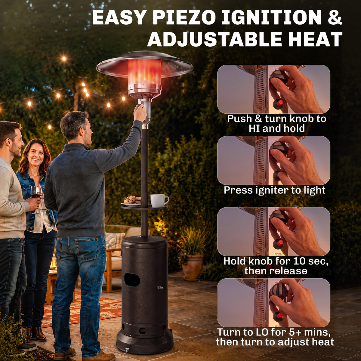 Outsunny Gas Patio Heater with Side Table | Brown Metal | 5-13kW Stepless | 30m² Coverage | Piezo Ignition | Tip-Over Protection | Propane Butane | 40cm Table | Tank Cabinet | 81x81x221cm