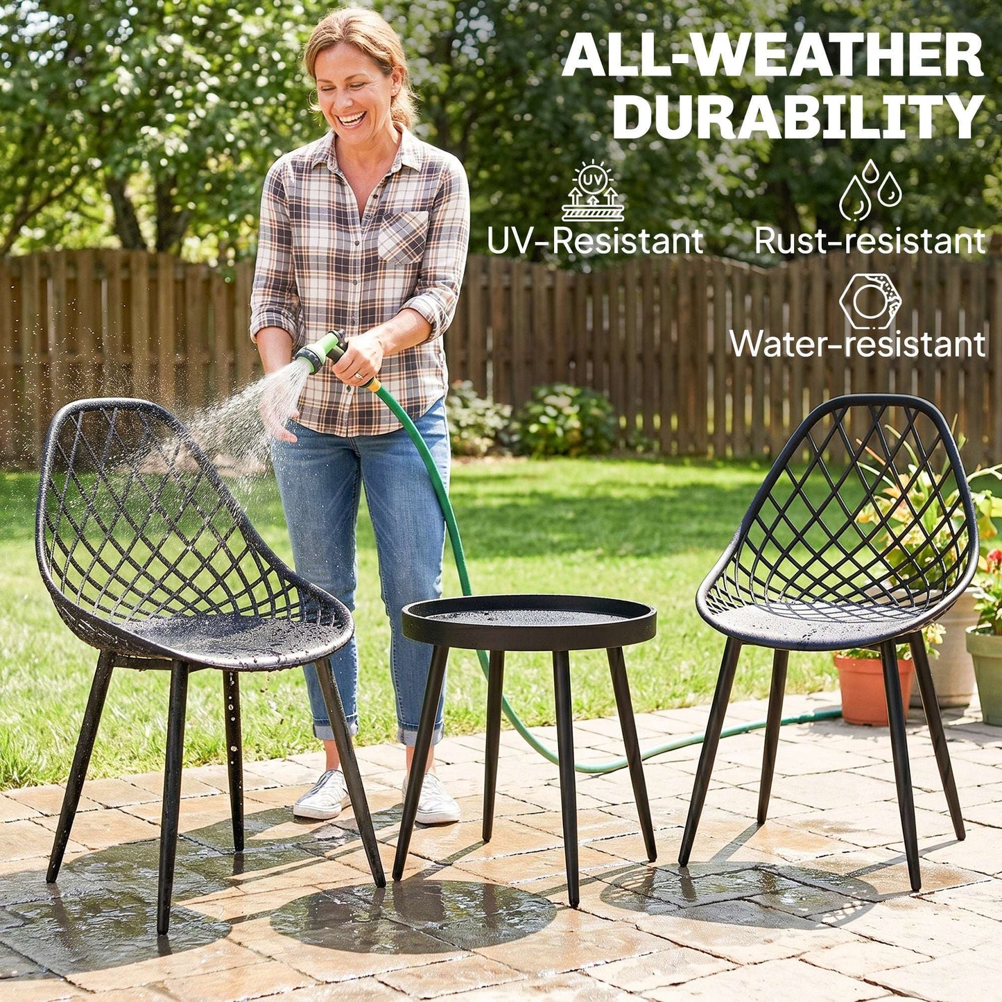 3-Piece Outdoor Bistro Set | 2 Chairs & Round Table | PP Mesh Backrest | Reinforced X-Frame | Anti-Rust Metal Legs | Adjustable Footpads | 120kg Chair Capacity | Garden & Balcony | Black