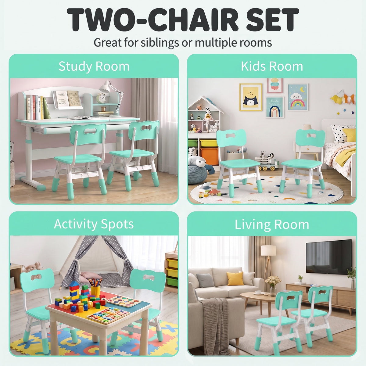 AIYAPLAY Kids Desk Chairs Set of 2 | Green & White | 3-Level Adjustable Seat Height 26–30cm | Backrests & PP Construction | Ages 18 Months–8 Years