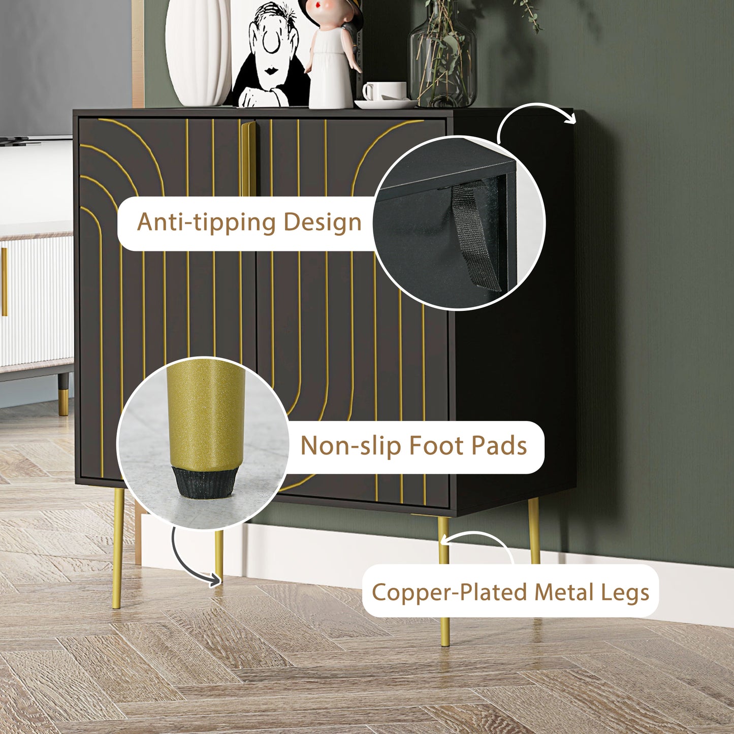 Art Deco Inspired Sideboard Cabinet With Adjustable Shelf - Black/Gold Tone