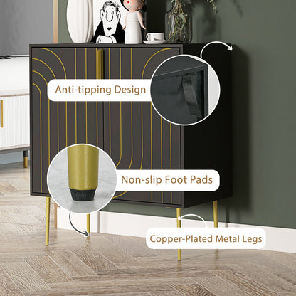 Art Deco Inspired Sideboard Cabinet With Adjustable Shelf - Black/Gold Tone