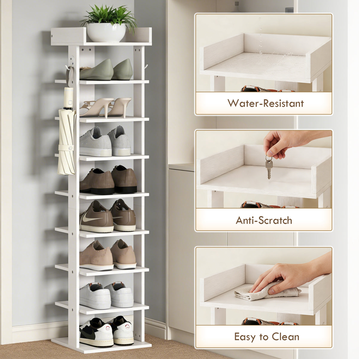 9-Tier Shoe Rack | Graduated Shelf Heights to Size 46 | Removable Shelves for Boots & Heels | Top Tray with Rail | 2 Side Hooks | 30x30x128.4cm | 18kg | Particleboard | Entryway | White