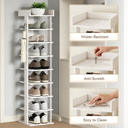 9-Tier Shoe Rack | Graduated Shelf Heights to Size 46 | Removable Shelves for Boots & Heels | Top Tray with Rail | 2 Side Hooks | 30x30x128.4cm | 18kg | Particleboard | Entryway | White