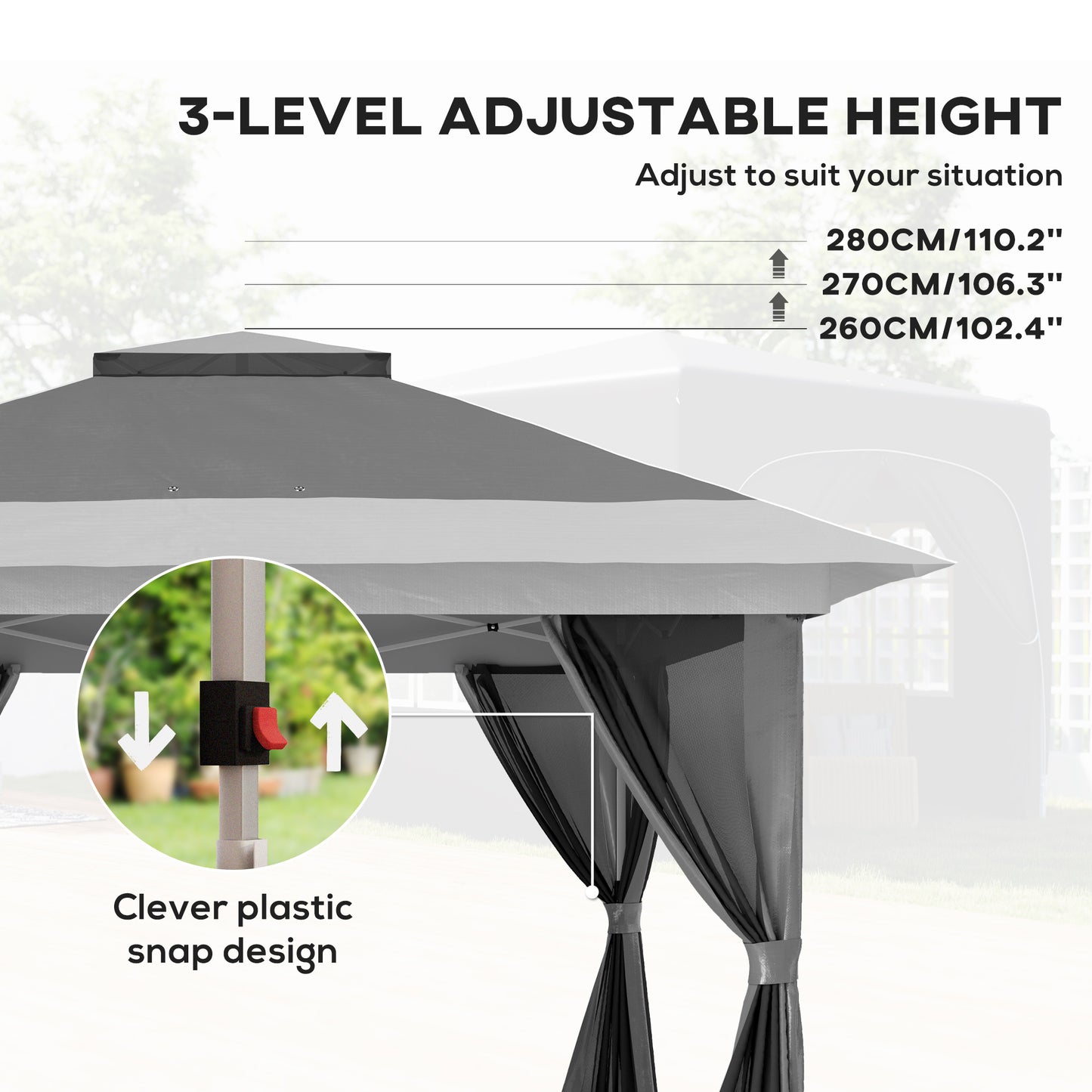 3.6x3.6m Pop Up Gazebo | UPF50+ Canopy | Removable Mesh Walls | 8 Drainage Holes | 3 Height Settings | Windproof Level 4-5 | Snow Rated | Sandbags Guy Ropes Ground Stakes | Wheeled Bag | Shades 8-12 People | Grey