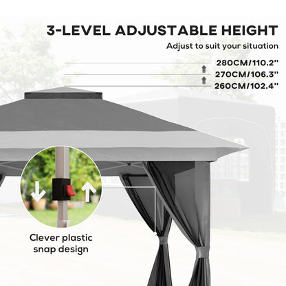 3.6x3.6m Pop Up Gazebo | UPF50+ Canopy | Removable Mesh Walls | 8 Drainage Holes | 3 Height Settings | Windproof Level 4-5 | Snow Rated | Sandbags Guy Ropes Ground Stakes | Wheeled Bag | Shades 8-12 People | Grey
