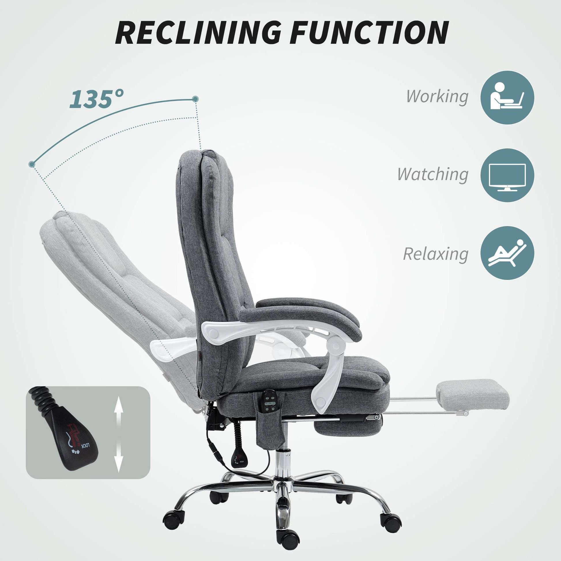 Executive Office Chair with 8-point Massage and Heat, Fabric Computer Desk Chair with Reclining Backrest, Height , Footrest, Remote, for Home, Grey