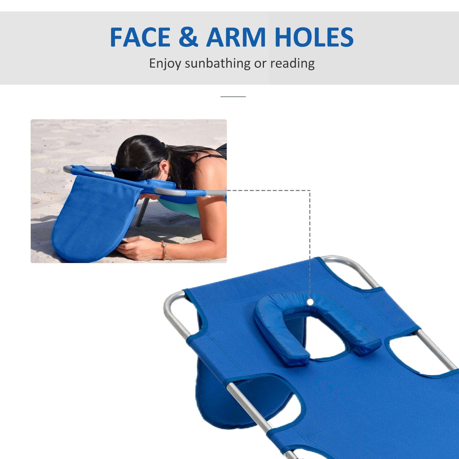 2 Pieces Foldable Sun Lounger Portable With 5 Level Adjustable Backrest, Reclining Lounge Chair with Side Pocket, Headrest Pillow, Blue