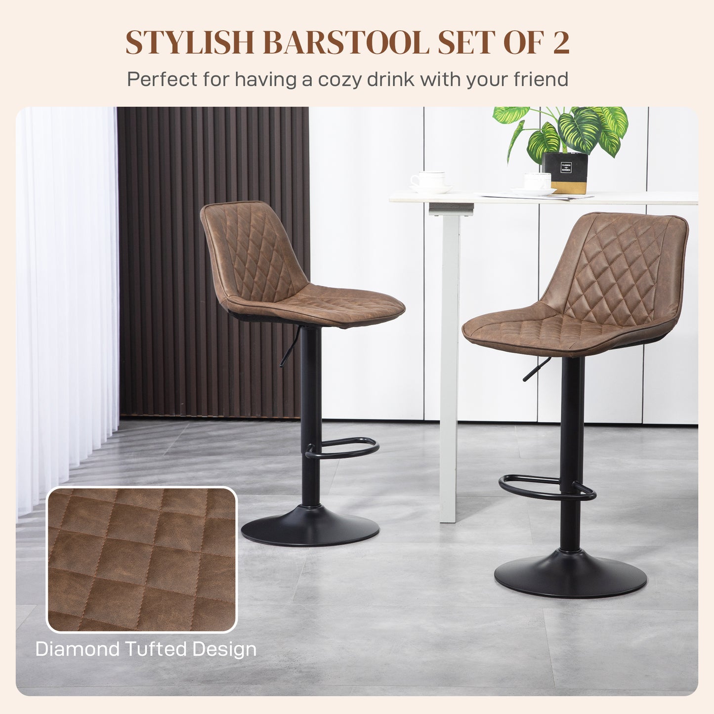 Retro Style Bar Stools Set of 2, Retro Adjustable Kitchen Stool, Swivel PU Leather Upholstered Bar Chairs with Back, Footrest and Steel Base, Brown