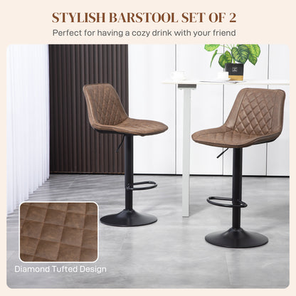 Retro Style Bar Stools Set of 2, Retro Adjustable Kitchen Stool, Swivel PU Leather Upholstered Bar Chairs with Back, Footrest and Steel Base, Brown
