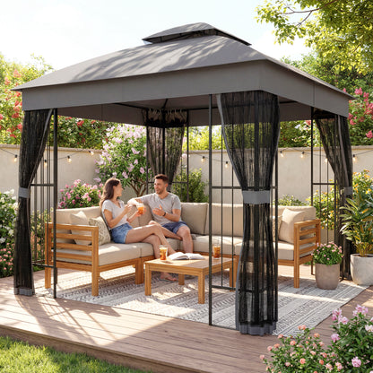 3x3m Permanent Garden Gazebo & Pavilion | Double-Tier UPF50+ Roof | Mesh Panels | Corner Shelves | Grey