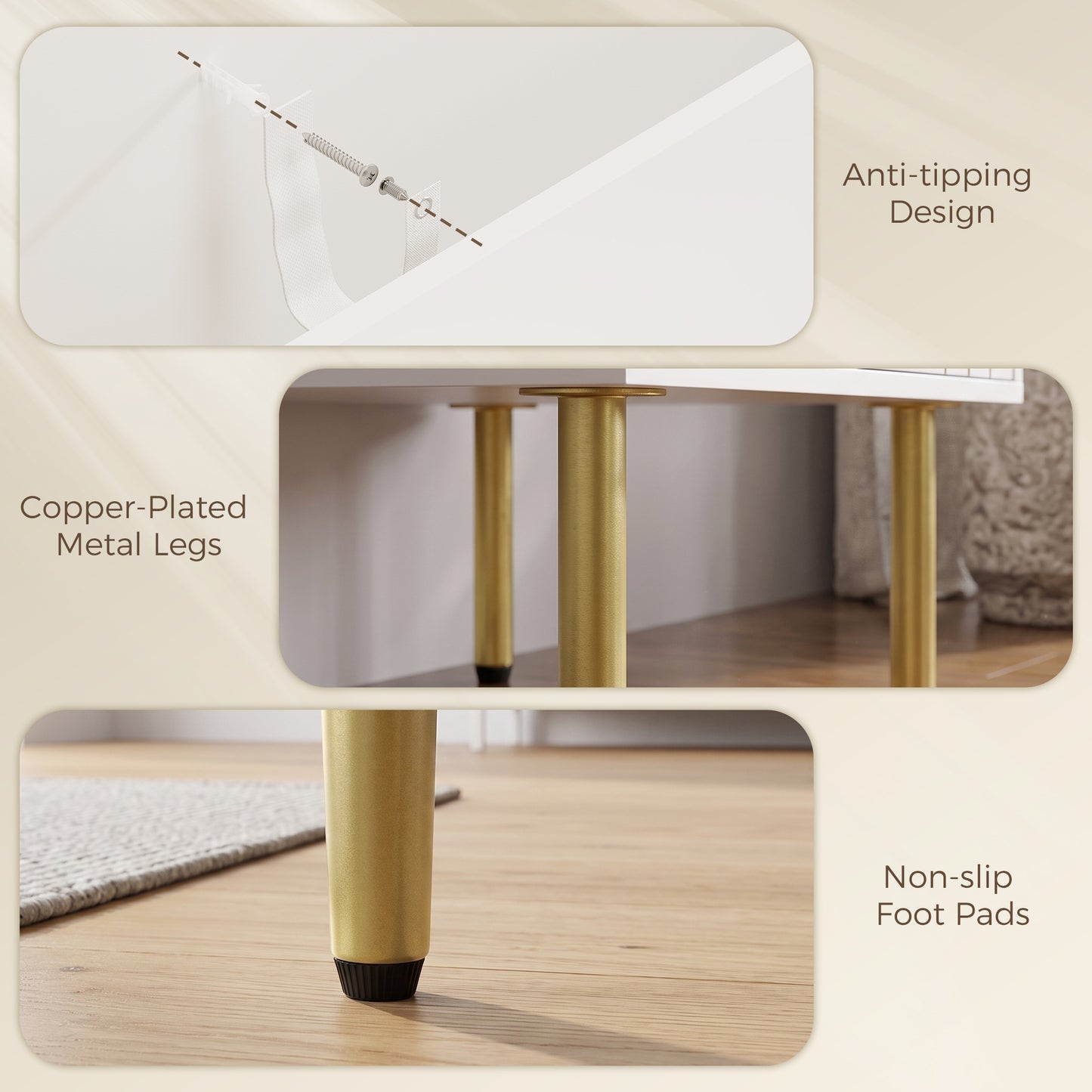 Modern Sideboard Storage Cabinet | Geometric Carved Doors | Adjustable Shelf | Copper-Tone Legs & Handles | Anti-Tip | 50kg | 78x40x88cm | White