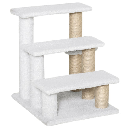 PawHut Pet Stair with 3-step Climb Ladder, Scratching Posts, Platforms, Toy Ball, for Indoor Cats Kittens, White