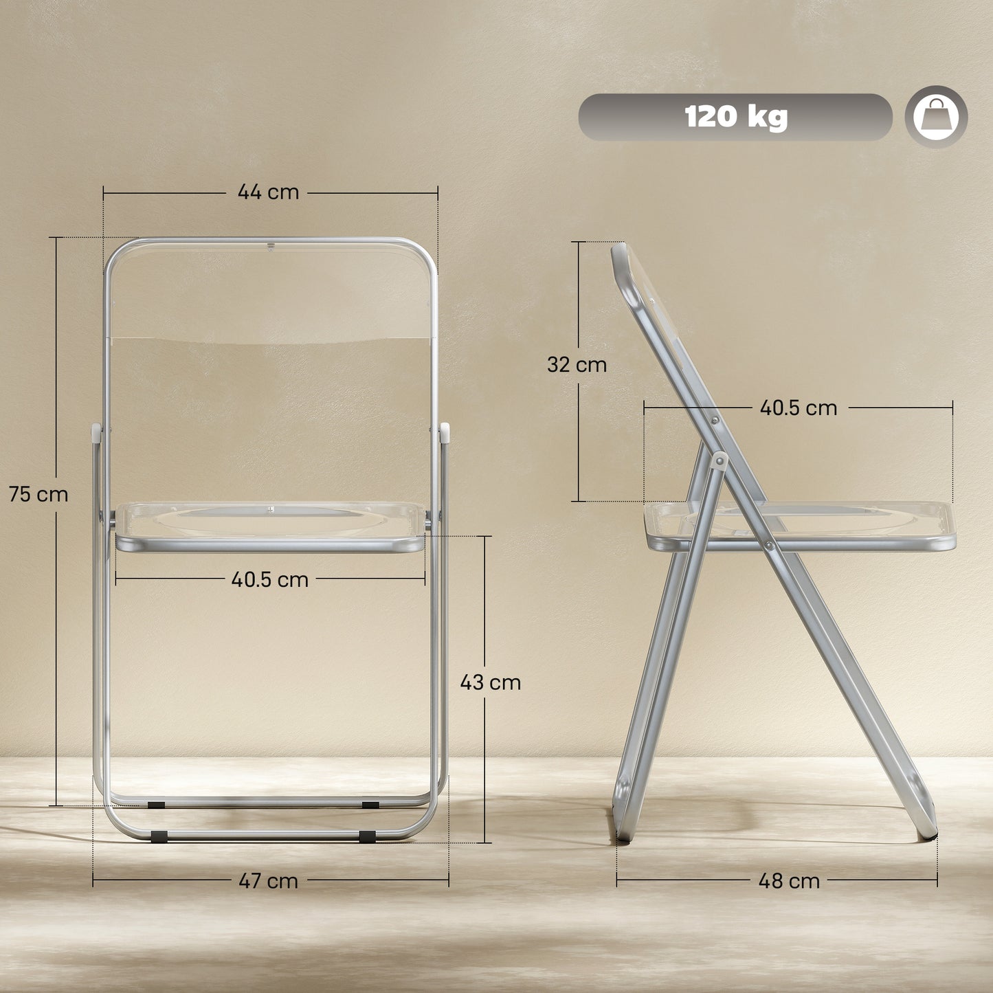 Set of 4 Transparent Acrylic Folding Chairs | Steel Frame | Folds to 4.5cm | No Assembly | Non-Slip Feet | 120kg | 47x48x75cm | Clear