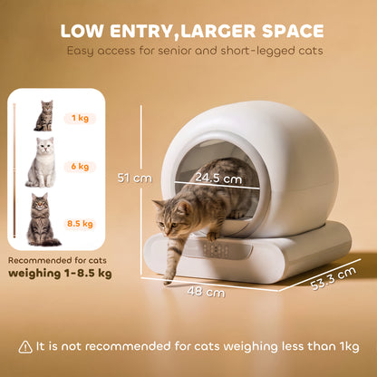 PawHut Self-Cleaning Cat Litter Box | 65L Inner Chamber & 9L Waste Bin | 2.4GHz App Control, Scheduled Cleaning & Low Entry | White/Grey