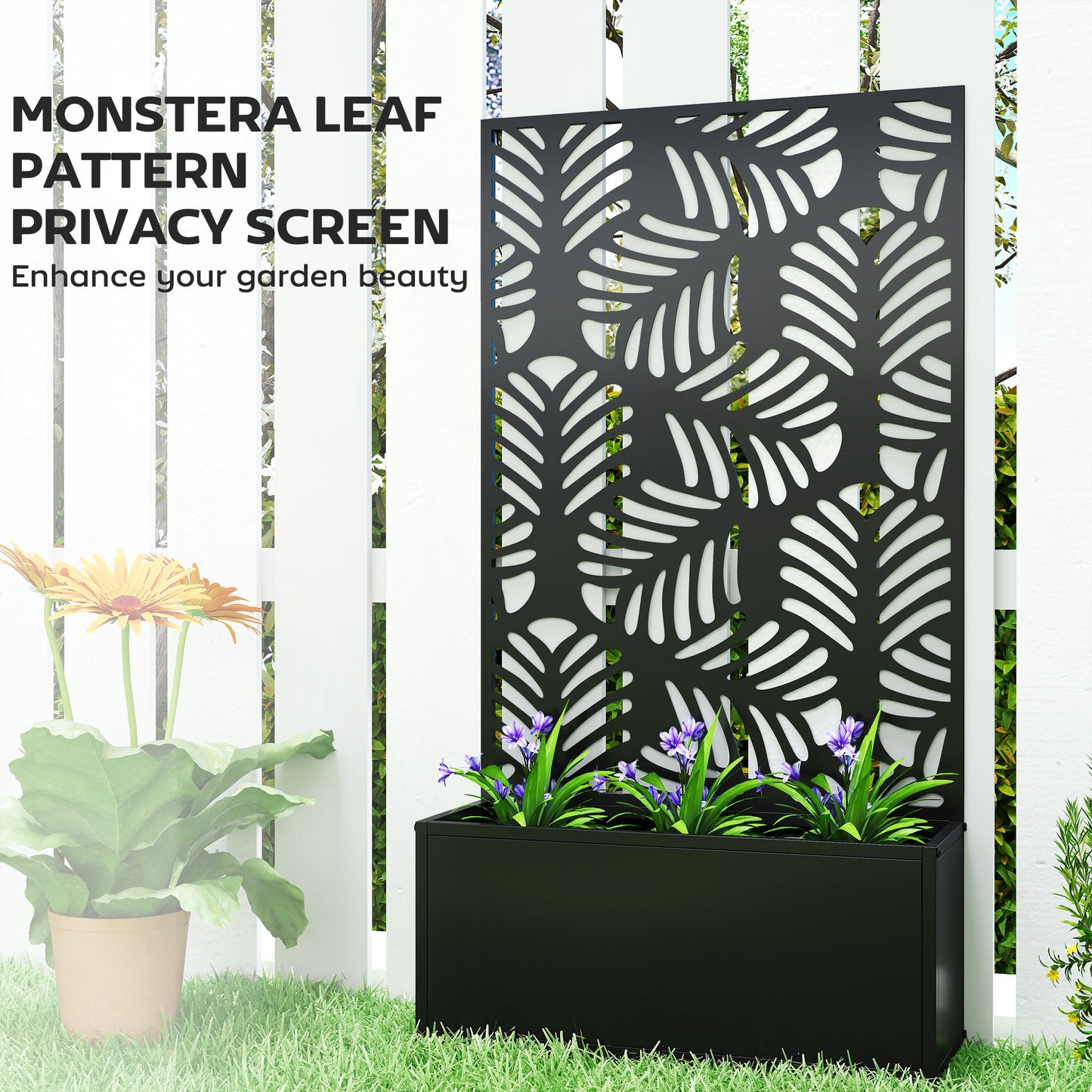 Metal Raised Planter with Monstera Leaf Trellis & Privacy Screen | Wall Mounted or Freestanding | 29L Soil | 50kg | Powder-Coated | 61x23x113cm | Climbing Plants | Black