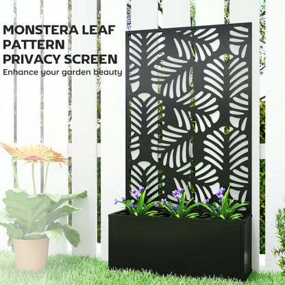 Metal Raised Planter with Monstera Leaf Trellis & Privacy Screen | Wall Mounted or Freestanding | 29L Soil | 50kg | Powder-Coated | 61x23x113cm | Climbing Plants | Black