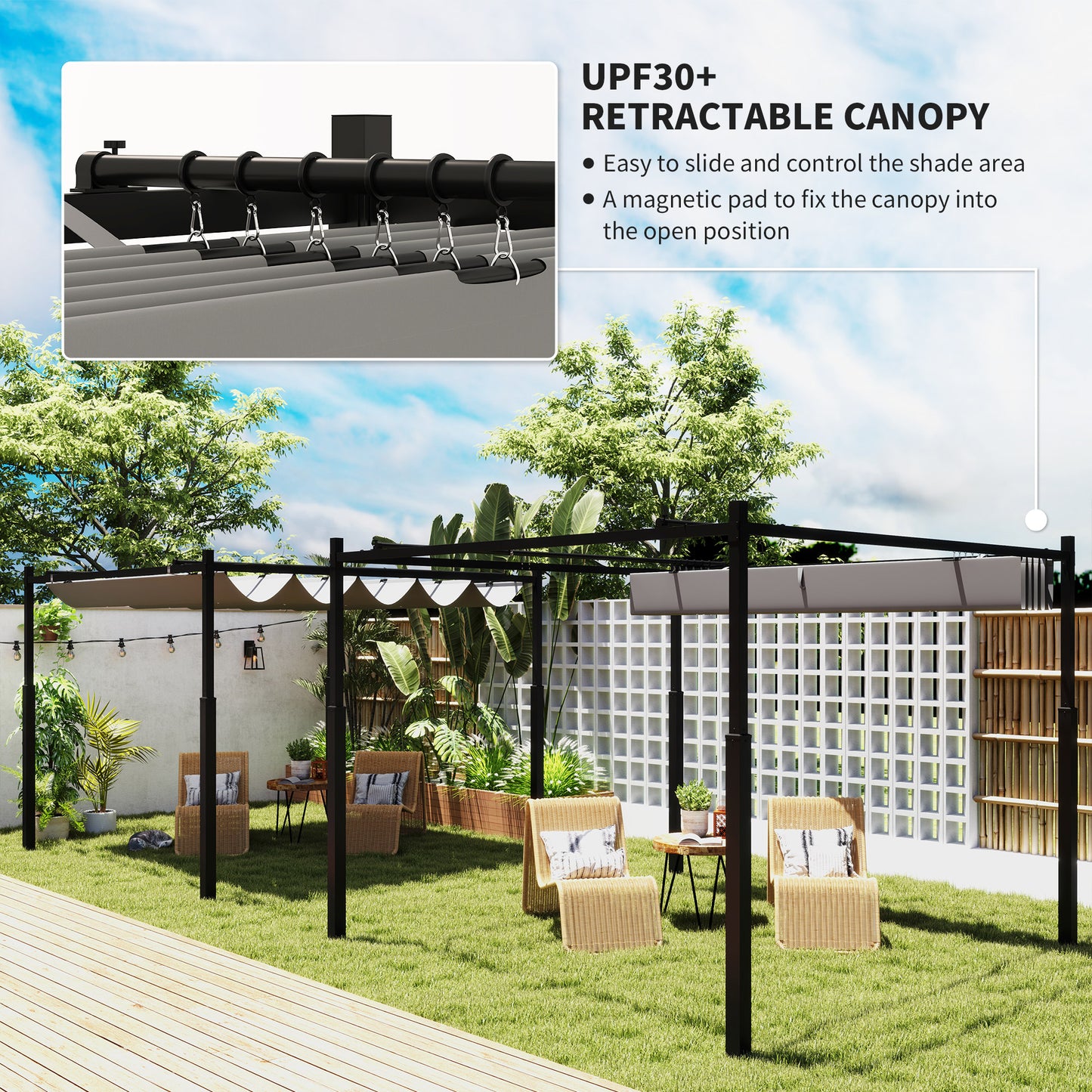 Outsunny 3 x 3(m) Garden Pergola W/ Retractable Roof and Magnetic Fixture, Outdoor Pergola Kit Sun Canopy, UPF30+, 80mm , Grey