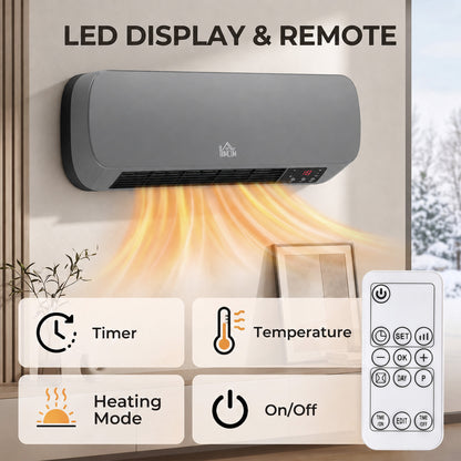 Grey Wall-Mounted Ceramic Heater | 1000W/2000W & Fan Mode | 10–49°C Thermostat | Weekly Timer, LED Display & Remote Control