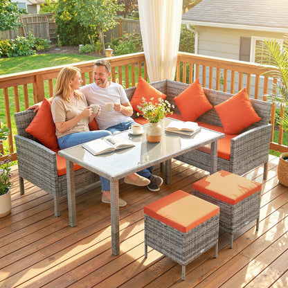 6-Seater Rattan Garden Dining Set | Sofa & Loveseat | 2 Footstools | Glass Table | Zip Cushions | 5 Pillows | 160kg | Orange