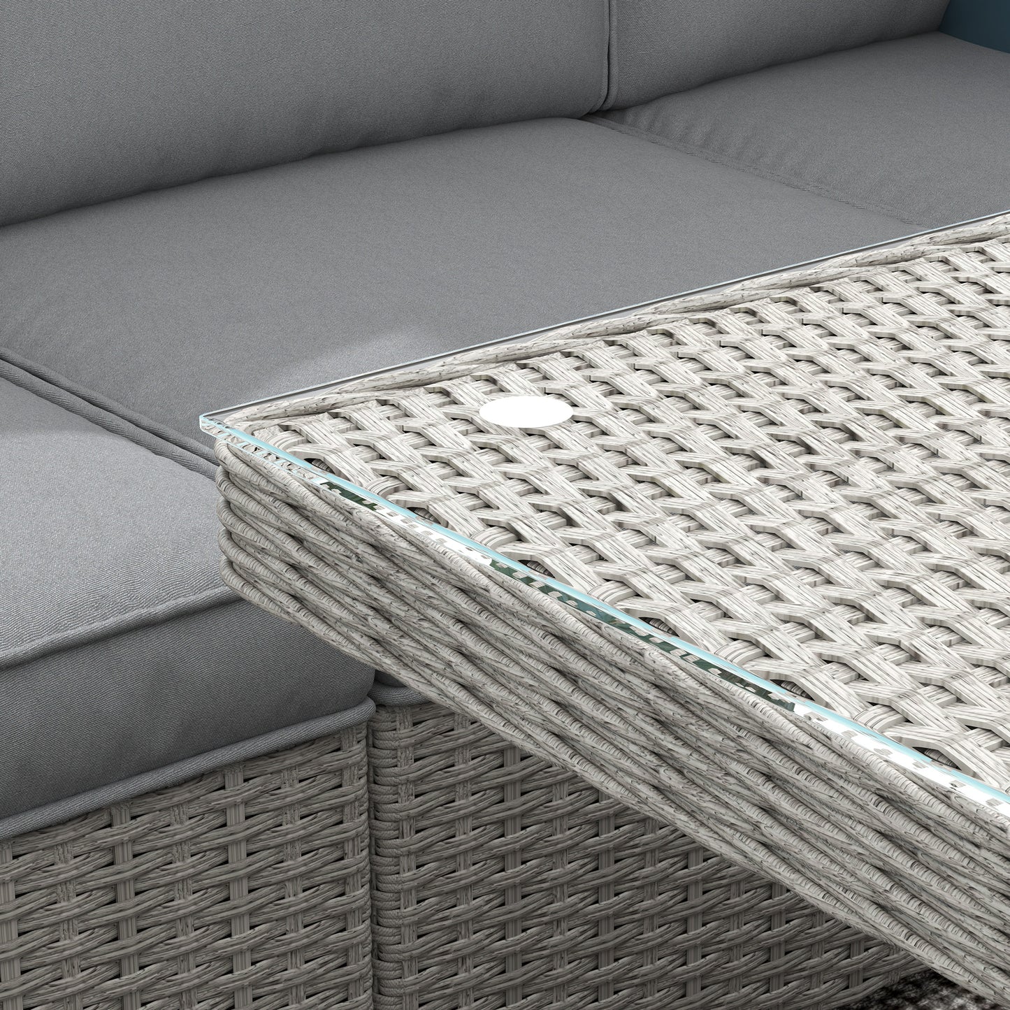 7 Piece PE Rattan 6 Seater Garden Furniture Set, 50,000 BTU Gas Fire Pit Table, Double Corner Sofa and 3 Footstools, for Conservatory, Grey