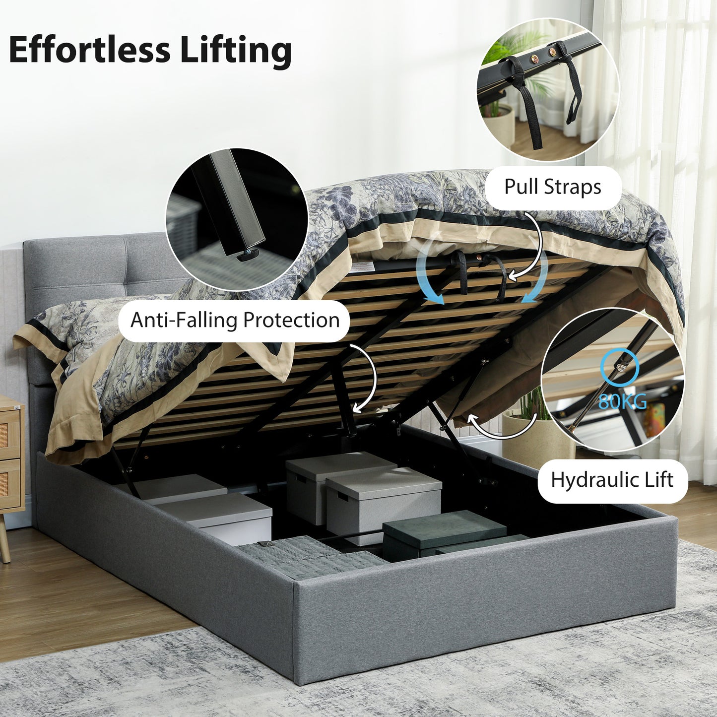 4ft6 Double Ottoman Bed with Gas Lift Storage - Grey